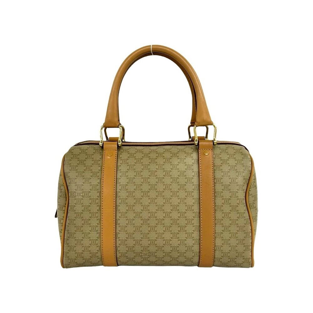 CELINE Vintage Macadam Blazon Pattern Leather Handbag Boston Bag Beige Brown ... - Picture 3 of 10